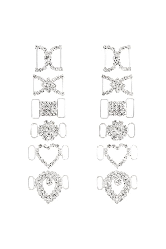 12Pcs 6 Styles Brass Rhinestone Connector Charms Links Ornament for Bikini Decoration Mixed Shapes Platinum Silver 16-28x15-32.5x2.5-4.5mm