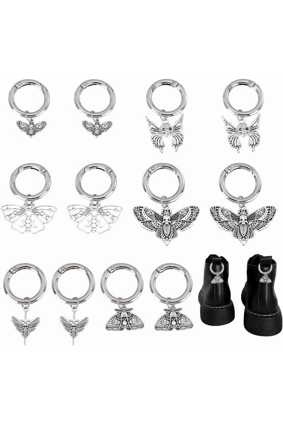 12Pcs 6 Styles Butterfly Charms 41-54mm Moth charms Silver Butterfly Shoe Decoration Gothic Punk Shoe Charms Alloy Insects Shoe Charms with Spring Ring