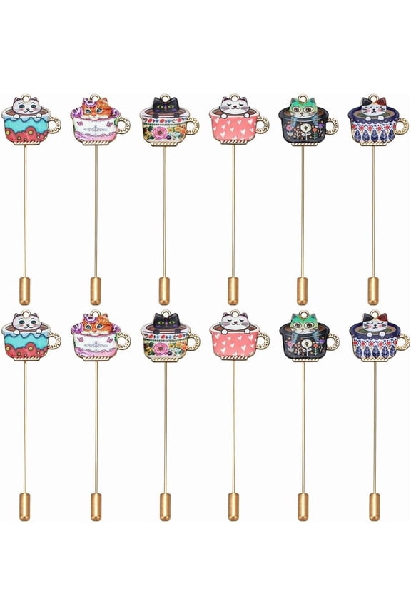 12Pcs 6 Styles Cat in the Cup Alloy Lapel Pins with Alloy Enamel Pendants Mixed Color 80mm 2pcs/style Colorful