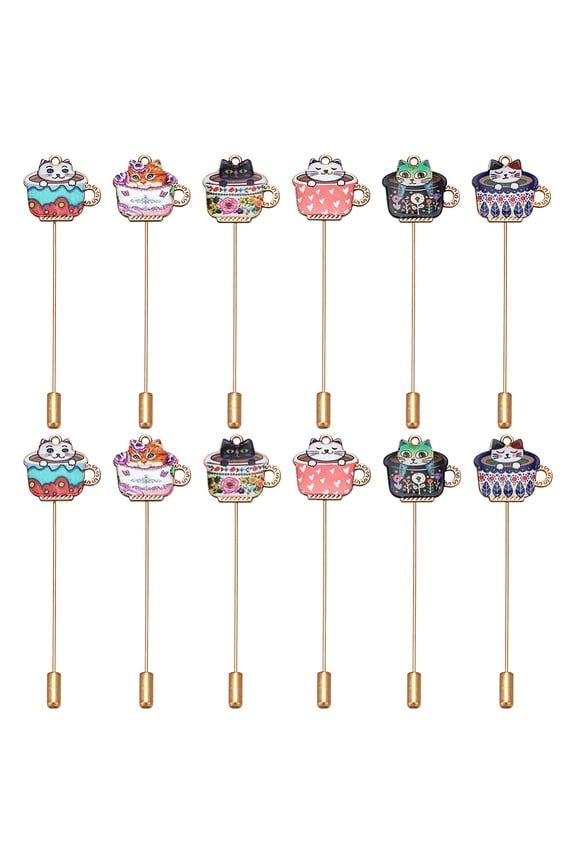 12Pcs 6 Styles Cat in the Cup Alloy Lapel Pins with Alloy Enamel Pendants Mixed Color 80mm 2pcs/style