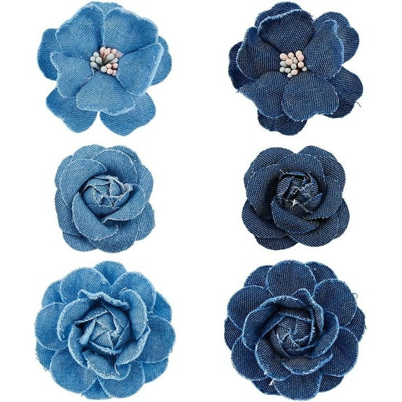 12Pcs 6 Styles Denim Cloth & Nylon Flowers Jean Fabric Camelia Sewing Ornaments DIY Costume Accessories Mixed Color 41~55x38~52x14~20mm 2pcs/style