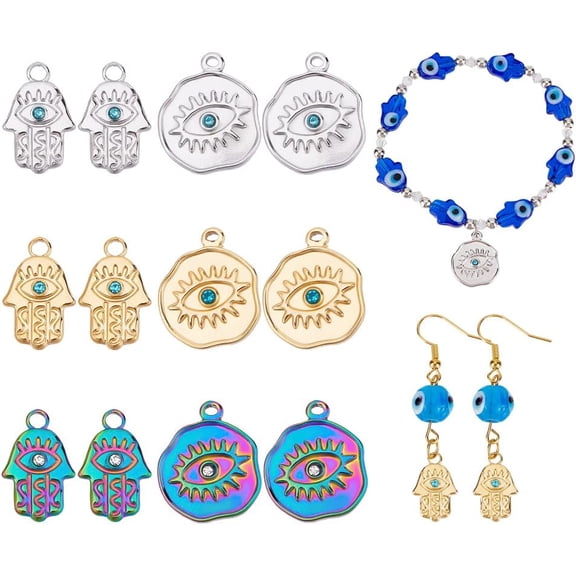 12Pcs 6 Styles Eye of Horus Charms Pendant Hamsa Hand Charm of Miriam Symbol Pendant with Rhinestone