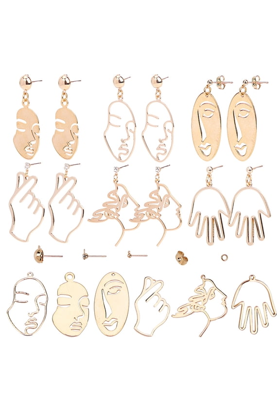12Pcs 6 Styles Face Abstract Design Earrings for Women Face Hand Earrings Hollow Shaped Geometric Earrings Findings Making Kits 18K Plated