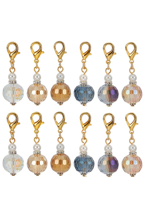 12Pcs 6 Styles Faceted Glass Pendant Decorations with Alloy Lobster Claw Clasps Mixed Color 45mm 2pcs/style DIY