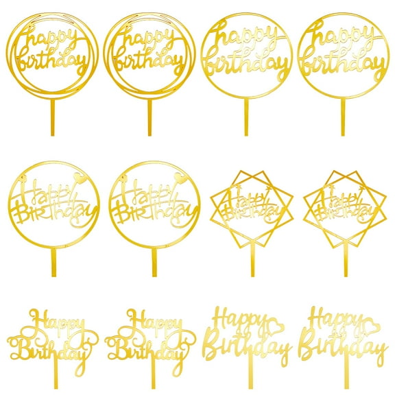 12Pcs 6 Styles Gold Happy Birthday Cake Sign Acrylic Cupcake Toppers Small Hollow Word Insert Cards Sticks Picks Sets Accessories for making