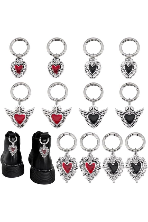 12Pcs 6 Styles Gothic Sacred Heart Shoe Charms 55-63mm Heart Charms Love Shoe Decoration Alloy Heart Shoe Charms with Spring Ring for Boots Decoration Silver