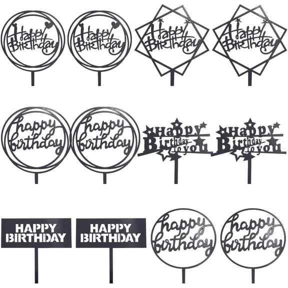 12Pcs 6 Styles Happy Birthday Cupcake Picks Acrylic Cake Toppers Black Word Hollow Small Insert Cards Sticks Sets Accessories