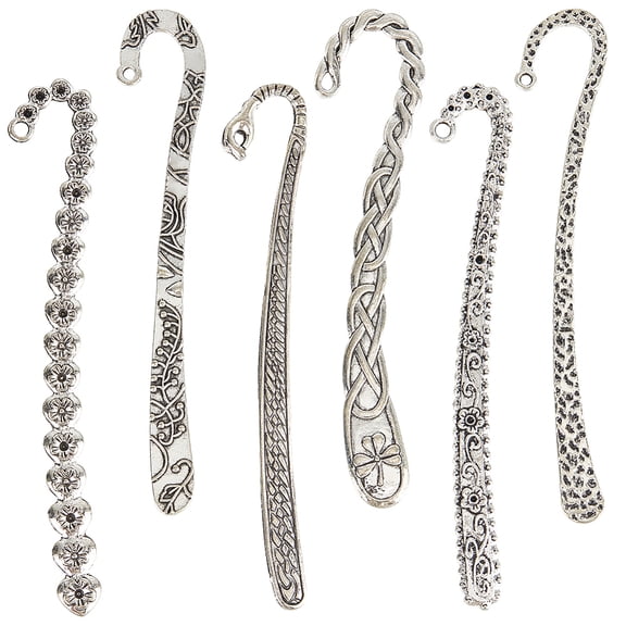12Pcs 6 Styles Hook Bookmark Silver Hairpin Bookmark Bulk Alloy Retro Tibetan Chinese Style Flower Branch Bookmarks Findings with Hole Book Mark