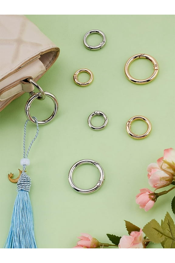 12Pcs 6 Styles Metal Spring O Circle Locking Snap Spring Gate Rings Round Clip Snap Split Keyrings Buckle DIY Accessories for Keychains Bag Purse Handbag Strap Craft Making 19.5-33.5x3.5-4.5mm