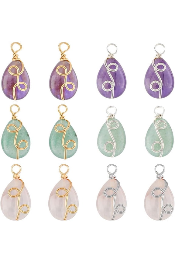 12Pcs 6 Styles Mixed Stone Pendants Amethyst Stone Pendants Rose Quartz Waterdrop Charms Green Aventurine Waterdrop Charms Wired Wrapped Gemstone Charms