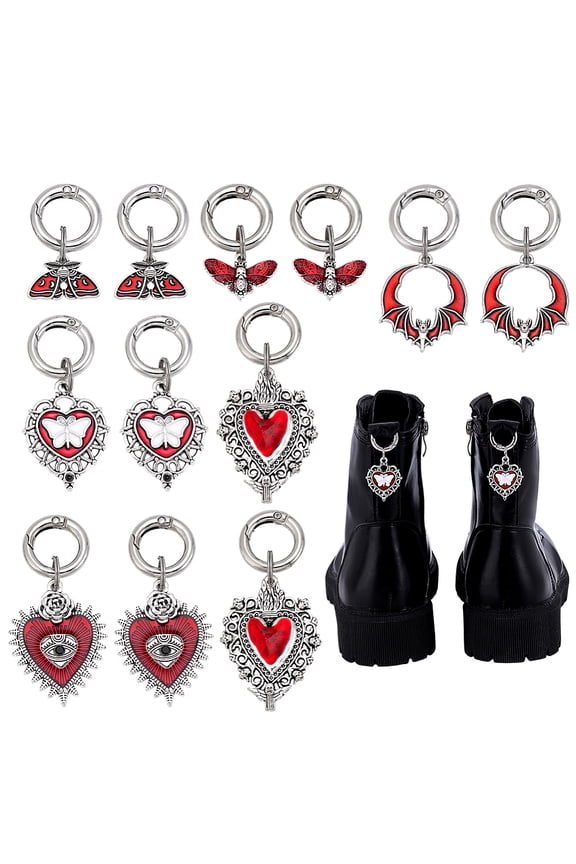 12Pcs 6 Styles Moon Star Red Heart Gothic Charm Shoe Charms Shoes Decorations with Spring Rings Shoes Accessories Party