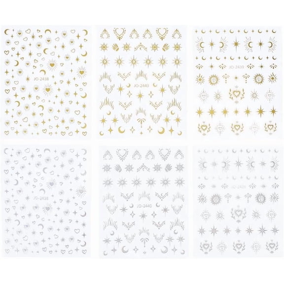 12Pcs 6 Styles Nail Art Stickers Decals Self Adhesive for Nail Tips Decorations Moon Star Pattern Mixed Color 3~15x2~14mm 2pcs/style