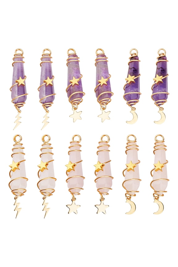 12Pcs 6 Styles Natural Amethyst Rose Quartz Charms Gemstone Charms Wire Wrapped Stone Pendants with Star and Moons for Jewelry Making Hole: 3.5mm
