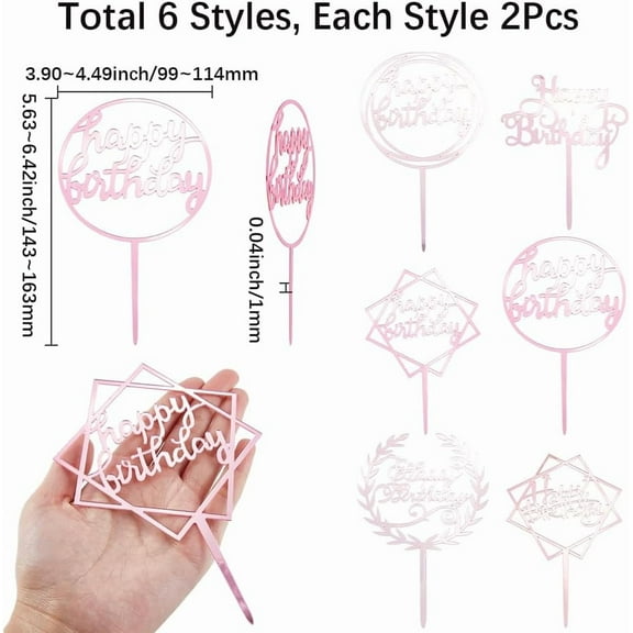 12Pcs 6 Styles Pink Happy Birthday Cake Topper Cupcake Picks DIY Acrylic Hollow Word Insert Small Cards Sign Sticks Sets Accessories for Party Wedding Cakes Dessert Supplies Craft Decoration
