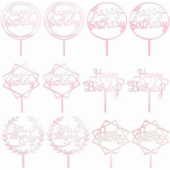 12Pcs 6 Styles Pink Happy Birthday Cake Topper Cupcake Picks DIY Acrylic Hollow Word Insert Small Cards Sign Sticks Sets Accessories