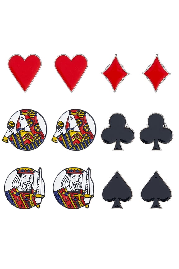 12Pcs 6 Styles Playing Card Sign Enamel Pin Platinum Alloy Badge for Backpack Clothes Mixed Color 20x18mm for DIY
