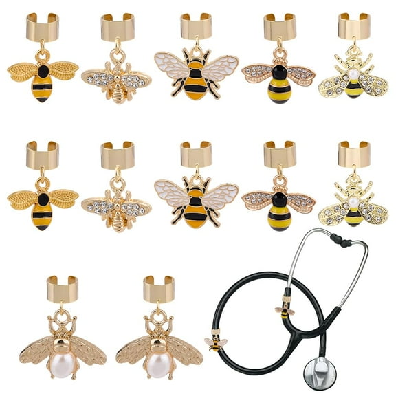 12Pcs 6 Styles Stethoscope Charms Bees Alloy Enamel Stethoscope Pendant Decorations Golden Stethoscope Id Name Tag with Findings Nurse Stethoscope Accessory for Women Graduation Vet Doctor