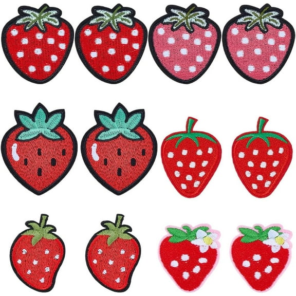 12Pcs 6 Styles Strawberry Patch Sew on Iron on Appliques Red Strawberries Embroidered Sewing Patches Fruit Decorative Applique for Clothing Shirts Jeans Hats Coats Jackets Backpacks Decor
