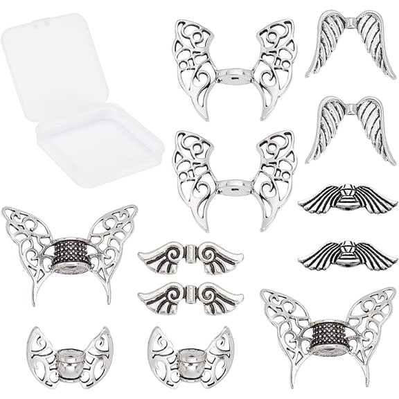 12Pcs 6 Styles Style Alloy Beads Wing Silver 8~36x30~47x3.5~13mm Hole: 1.6~3.5mm 2pcs/style