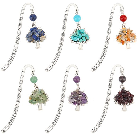 12Pcs 6 Styles Tibetan Style Alloy Hoop Bookmarks Tree of Life Gemstone Beaded Pendant Bookmark 84mm Pendant: 28x23.5x6mm 2pcs/style