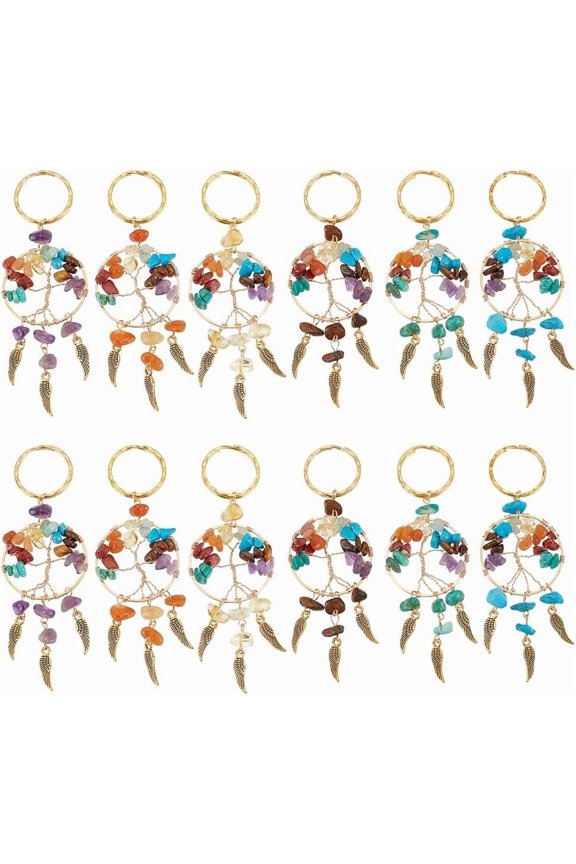 12Pcs 6 Styles Tree of Life Gemstone Keychians with Alloy Wing Charms and Iron Split Key Rings 107~110mm 12pcs/set DIY
