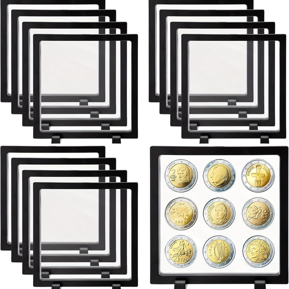 12Pcs 7x7 Inch 3D Floating Display Cases with Stands Acrylic Shadow Box for Coins, Jewelry, Medals, Collectibles, Push Button Open, Wall Mount or Tabletop