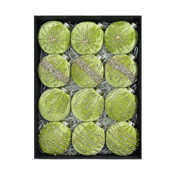 12Pcs 8Cm Flocked Velvet Christmas Tree Ornaments Set For Elegant Holiday Decor