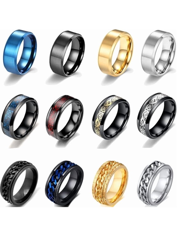 12Pcs 8mm Stainless Steel Fidget Band Chain Spinner Rings for Men Women Dragon Pattern Polished Wedding Cool Release Anxiety Ring Set Size 7-11