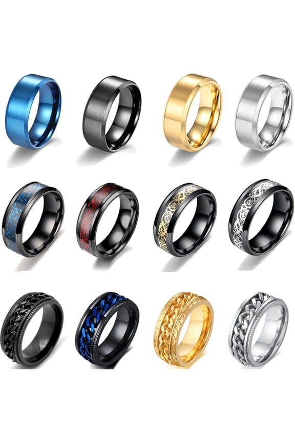 12Pcs 8mm Stainless Steel Fidget Band Chain Spinner Rings for Men Women Dragon Pattern Polished Wedding Cool Release Anxiety Ring Set Size 7-11