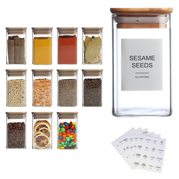 12Pcs 8oz Spice Jars with Label, Glass Square Jars with Bamboo Lids, Wide Mouth Seasoning Containers, Perfect for Kitchen Food Storage Canister for Sugar Coffee Beans Tea Candy