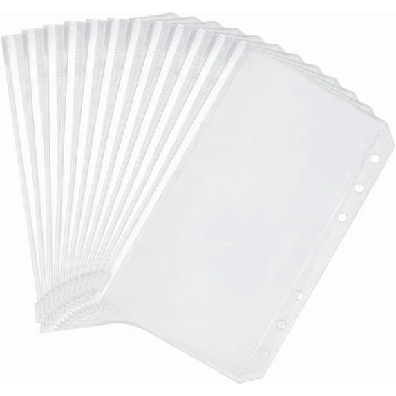 12Pcs A6 Binder Pockets Clear Cash Envelopes Clear Zipper Folders Loose Leaf Bags Waterproof PVC Sheet Protectors 6 Holes for 6 Ring Binder Photos Cards Bills Organizer