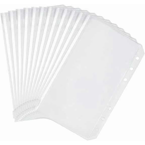 12Pcs A6 Binder Pockets Clear Cash Envelopes Clear Zipper Folders Loose Leaf Bags Waterproof PVC Sheet Protectors 6 Holes for 6 Ring Binder Photos Cards Bills Organizer White