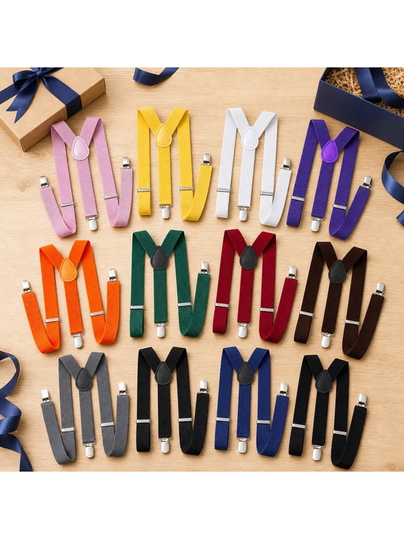 12Pcs Adjustable Elastic Suspenders for Men & Women, Y-Shaped Solid-Color Suspenders with Durable Metal Clips, Comfortable, Adjustable, Versatile for Work, Daily Wear, Gift for Valentine's Day