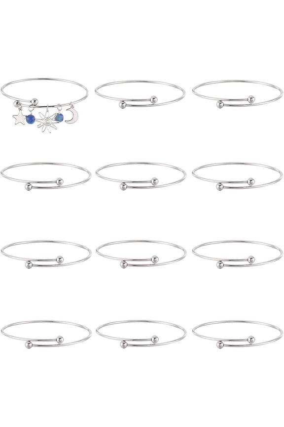 12Pcs Adjustable Wire Bracelet Silver Expandable Bangle Stainless Steel Open Cuff Bangles Set Bulk Bracelets for Jewelry Making Charms Diy Craft Supplies Women Adult