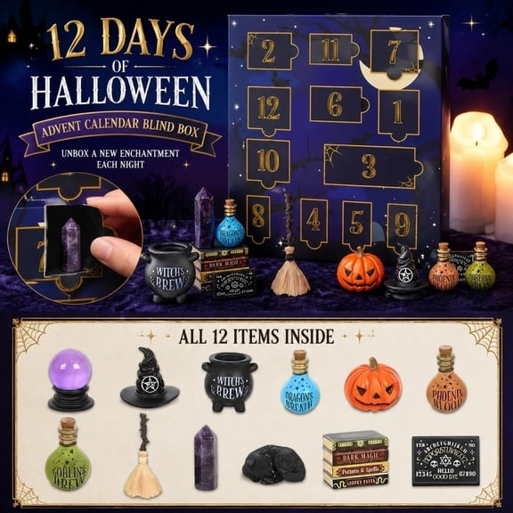 12Pcs Advent Calendar Halloween Mystery Box with Witchy Theme Resin Miniature Figurines for Fairy Garden Decor
