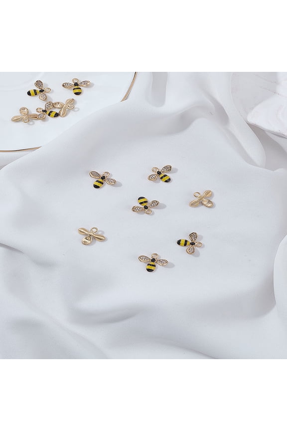 12Pcs Alloy Enamel Pendants with Rhinestone Bees Colorful Light Gold 14x17x4mm Hole: 1.8mm