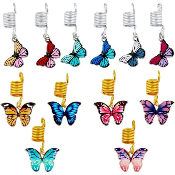 12Pcs Alloy Hair Jewelry Braids Golden Silver Spiral Hair Decoration Dreadlocks Metal Hair Cuffs with Alloy Enamel Butterfly Pendants