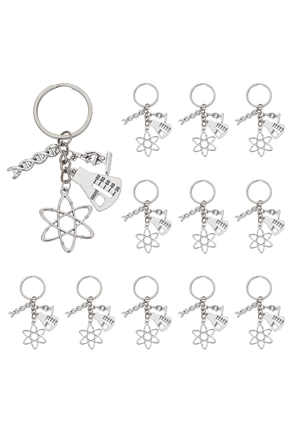 12Pcs Alloy Keychains with Iron Rings Mixed Shapes Platinum 90mm DIY