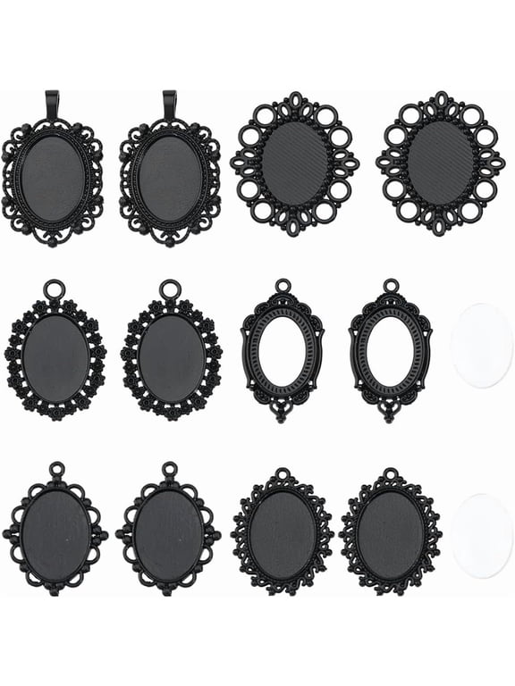 12Pcs Alloy Pendant Cabochon Settings with 12Pcs Glass Transparent Cabochons DIY Findings for Jewelry Making Black 24pcs/set DIY