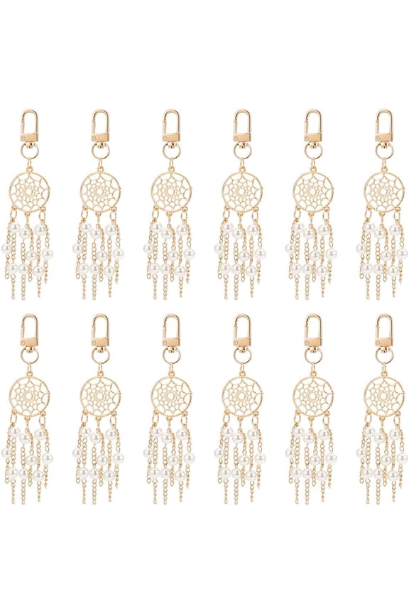12Pcs Alloy Woven Web/Net with ABS Imitation Pearl Bead Tassel Pendant Decoration Iron Swivel Clasp Hanging Ornament Light Gold 127mm