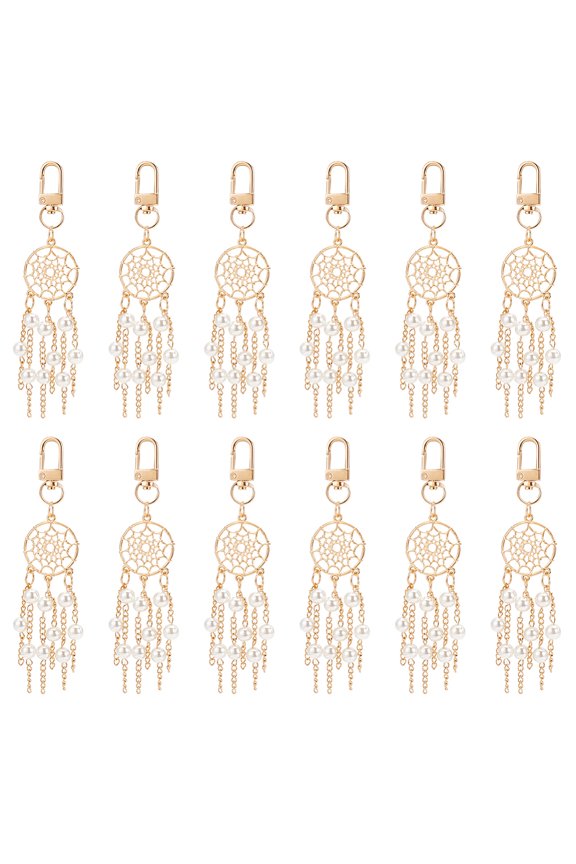12Pcs Alloy Woven Web/Net with Imitation Pearl Bead Tassel Pendant Decoration Iron Swivel Clasp Hanging Ornament Light Gold 127mm