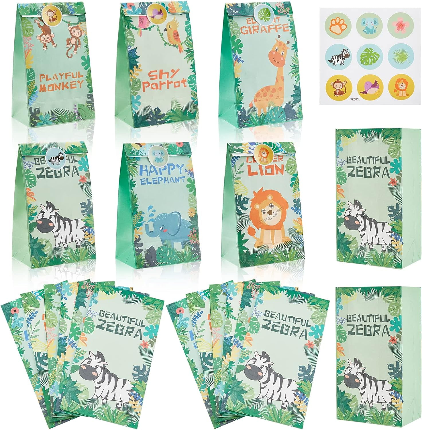 12Pcs Animal Paper Bags Jungle Safari Theme Cartoon Paper Bags Goodie Bags Animal Candy Treat Bags Colorful Party Paper Gift Bags With Animal Sticker for Birthday Party Favor Supplies Shops Green