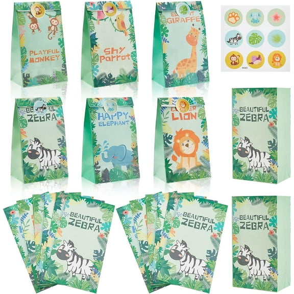 12Pcs Animal Paper Bags Jungle Safari Theme Cartoon Paper Bags Goodie Bags Animal Candy Treat Bags Colorful Party Paper Gift Bags With Animal Sticker for Birthday Party Favor Supplies Shops for DIY