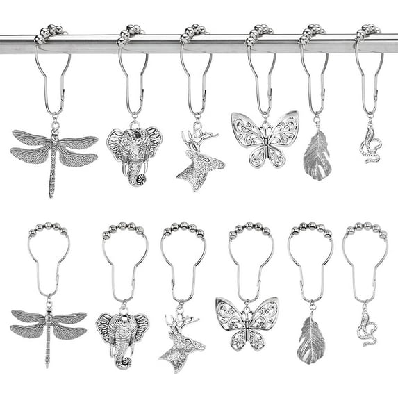 12Pcs Animal Theme Shower Curtain Rings Iron Shower Curtain Hooks Rings with Alloy Dragonfly Elephant Reindeer Pendants Platinum Metal Shower Rings Hook