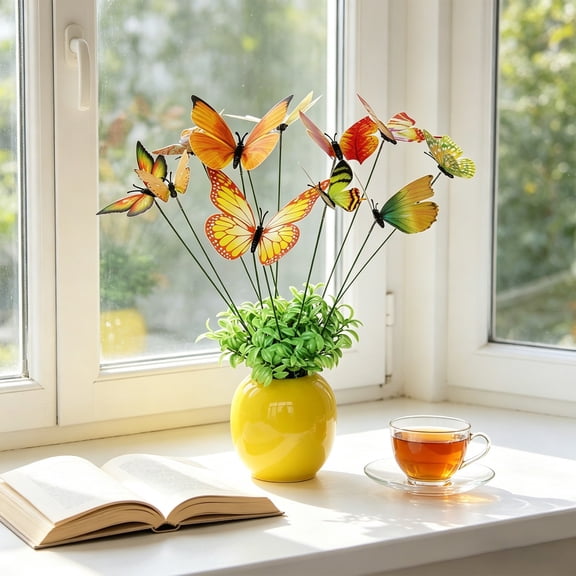 12Pcs Artificial Butterfly Flower Stake Picks, Multicolor Simulation Butterfly Floral Arrangement Inserts, Garden Butterfly Decor Stems, DIY Vase Bouquet Butterfly Ornament Sticks for Decoration