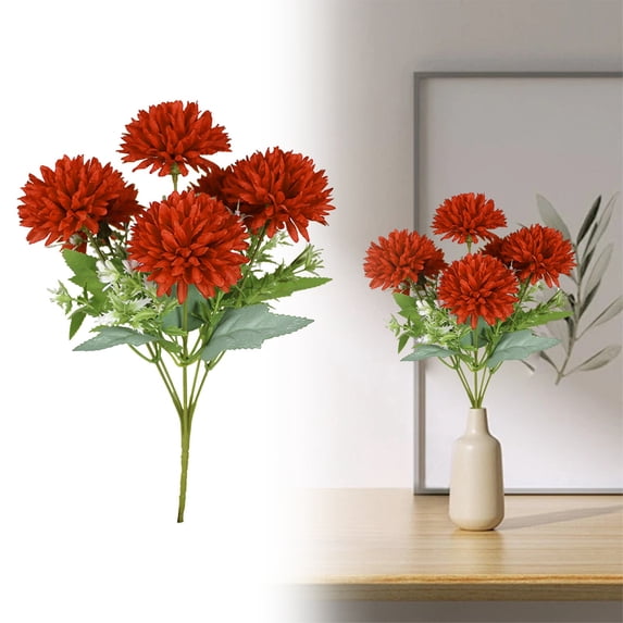 12Pcs Artificial Fall Mums, Fall Flowers Decor, Silk Chrysanthemum Bouquet, Small Simulated Fall Mums, Faux Daisy Ball Flower, Long Stem Silk Floral Pick, Autumn Thanksgiving Home Vase Decor,Deep Red