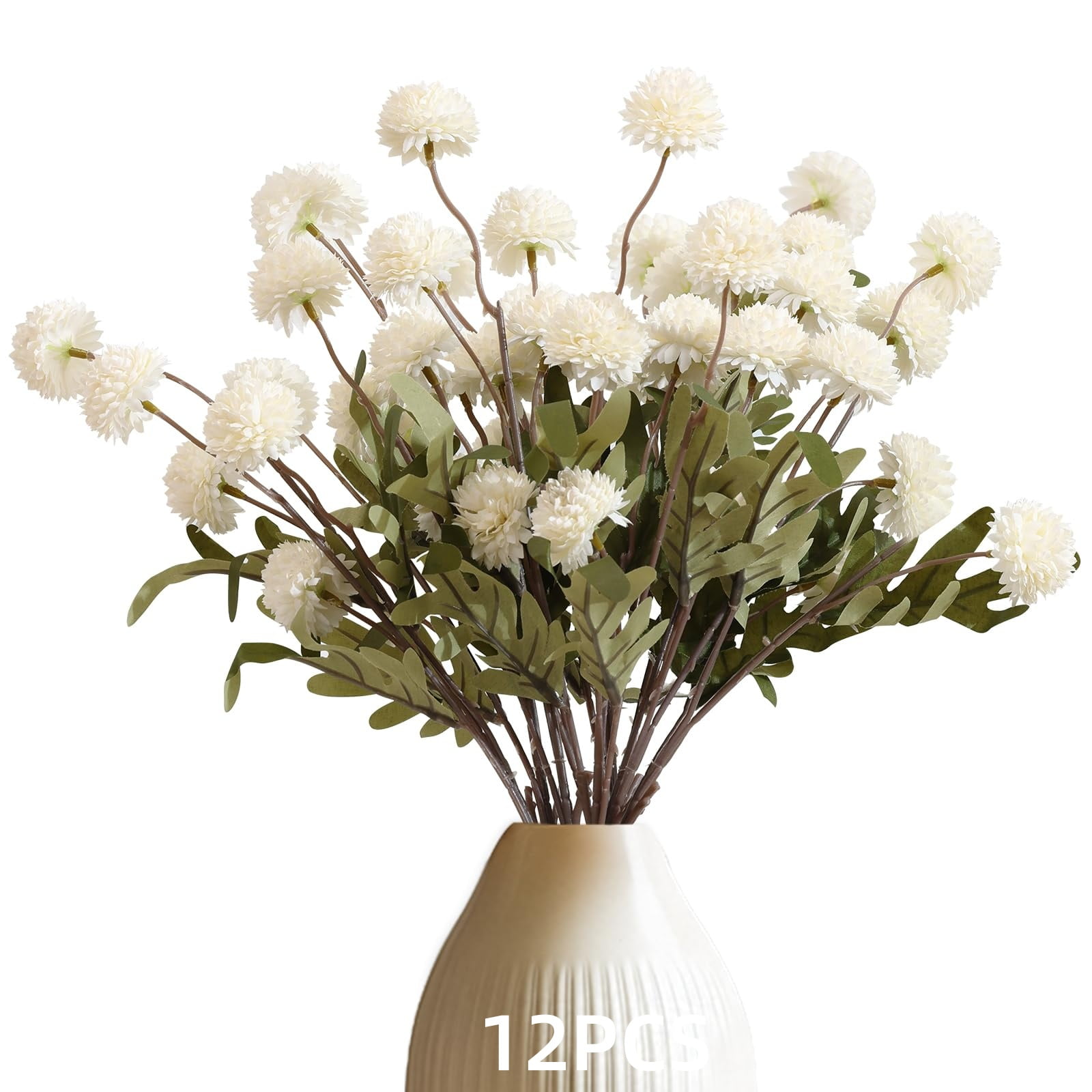 12Pcs Artificial Flowers Simulation Dandelion 20" Cute Artificial Small Ball Flower 5 Head Simulation Plant for Indoor and Outdoor Wedding Party Room DIY Decoration, White