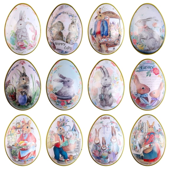 12Pcs Assorted Metallic Tin Easter Egg Container Painted Bunny Eggshell Easter Metal Candy Box Random Color