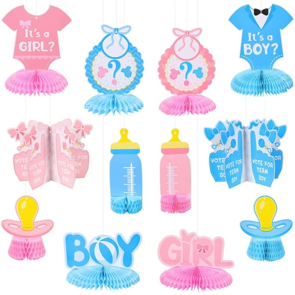 12Pcs Baby Gender Reveal Decorations Blue Pink Gender Reveal Table Decorations Baby Gender Reveal Honeycomb Centerpieces for Unisex He or She Pregnancy Announcements Decor