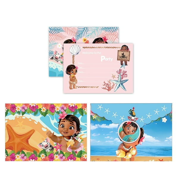 12Pcs Baby Moana Theme Birthday Party Invitation Cards for Kids,12 Stickers & 12 Envelopes.